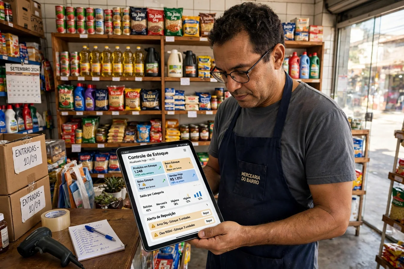 Imagem que mostra um gerente analisando dashboards digitais de controle de estoque em um computador