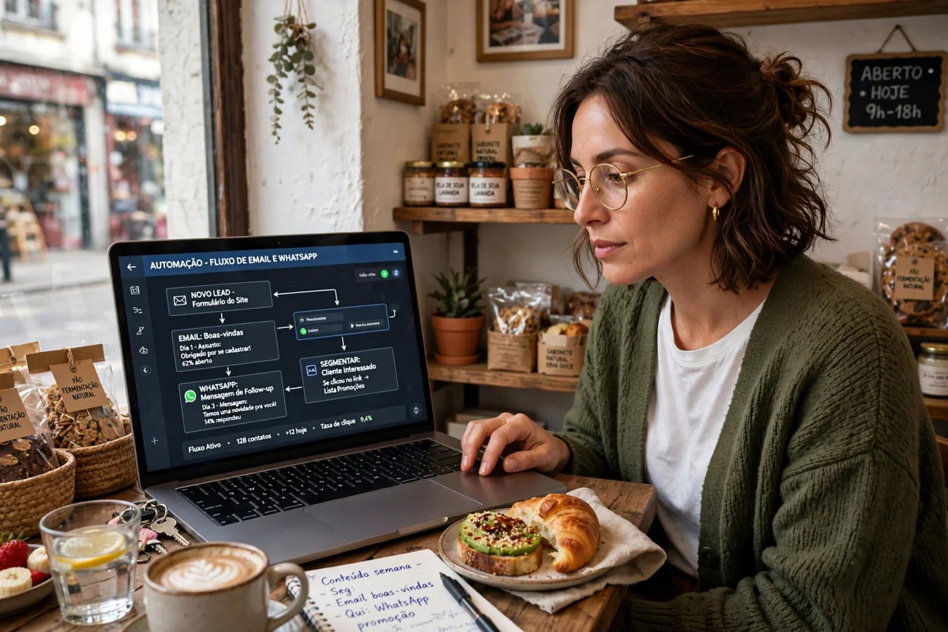 Imagem de uma pessoa trabalhando com computador e tela de automação de marketing